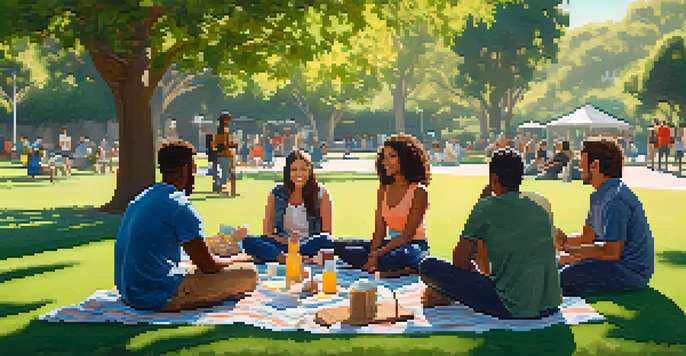 A community support group meeting in a park with people sitting in a circle and engaging in conversation.