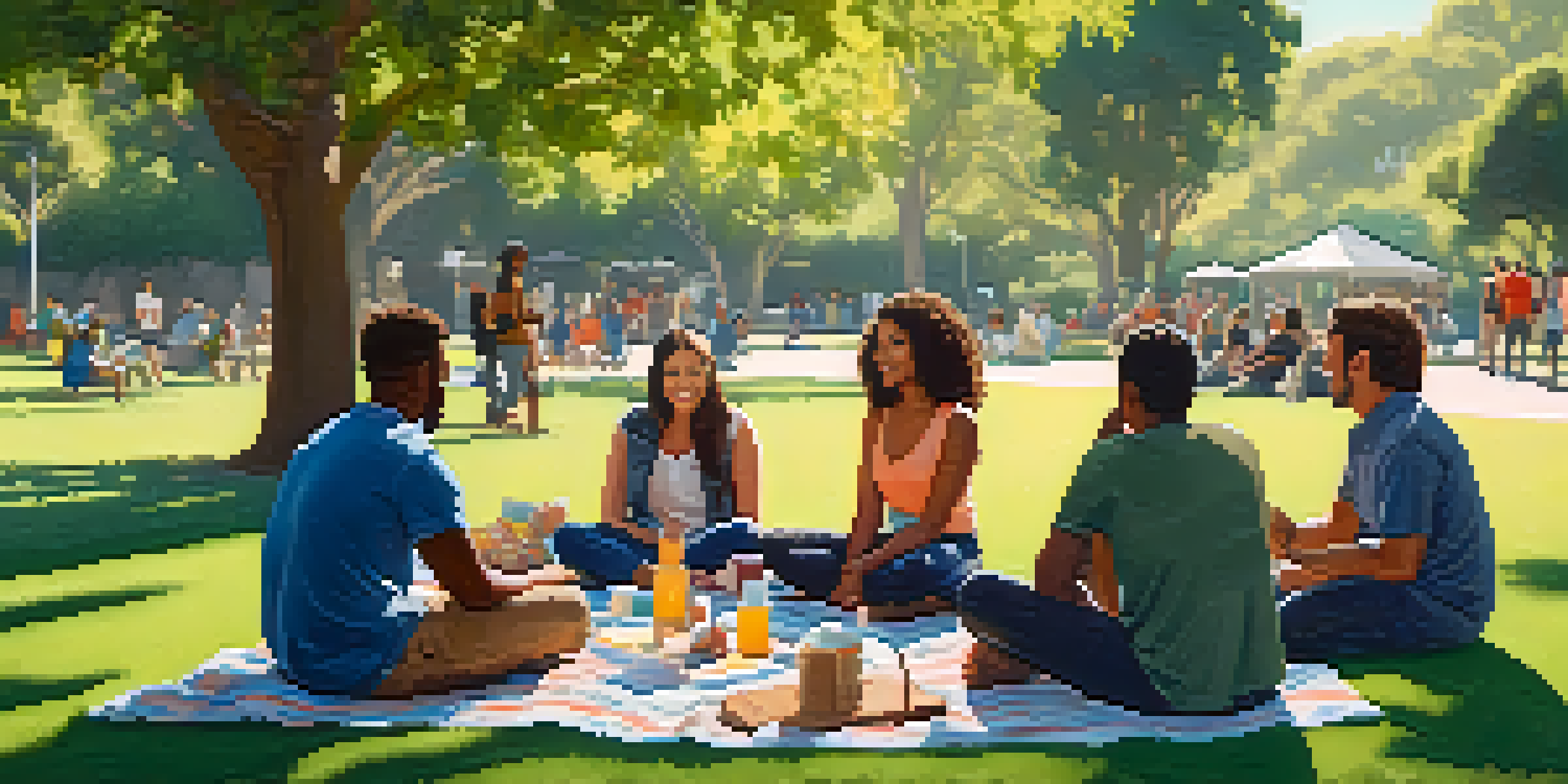 A community support group meeting in a park with people sitting in a circle and engaging in conversation.