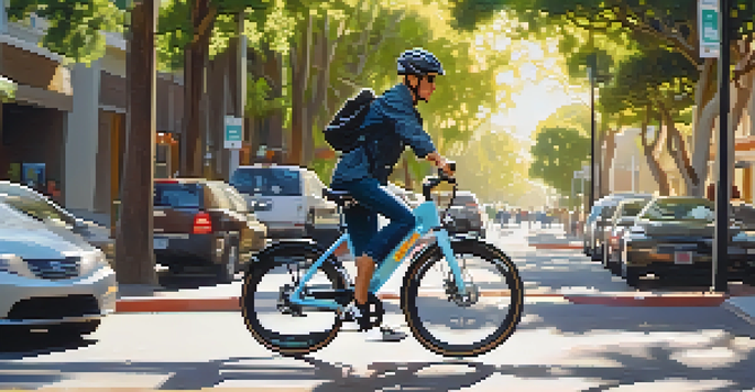 Close-up of a cyclist on an electric bike in Santa Monica, enjoying a sunny ride through tree-lined streets.