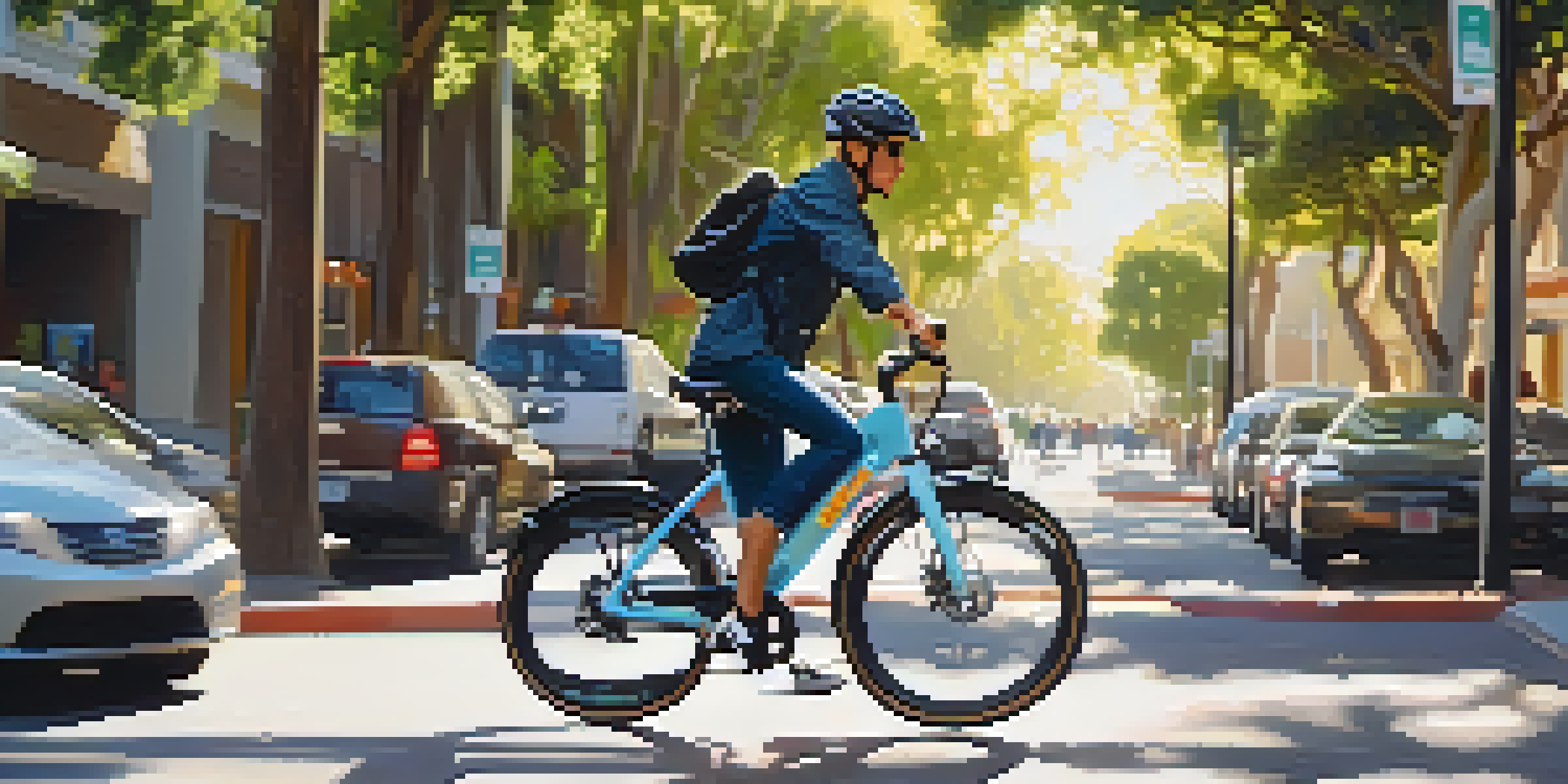 Close-up of a cyclist on an electric bike in Santa Monica, enjoying a sunny ride through tree-lined streets.