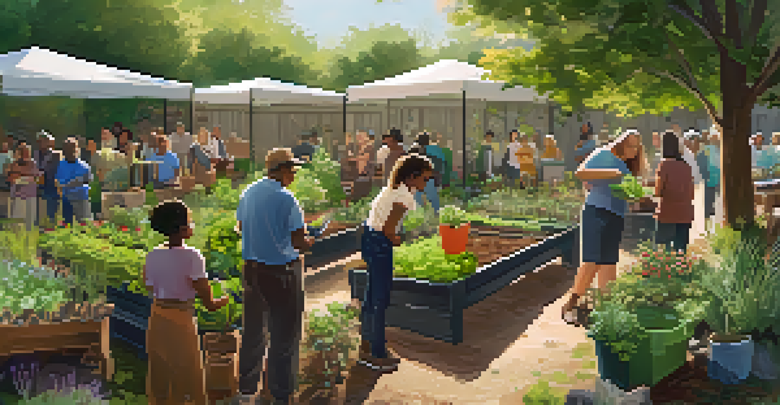 A workshop in a community garden showcasing a gardening expert teaching residents about sustainable practices, surrounded by plants and gardening tools under dappled sunlight.