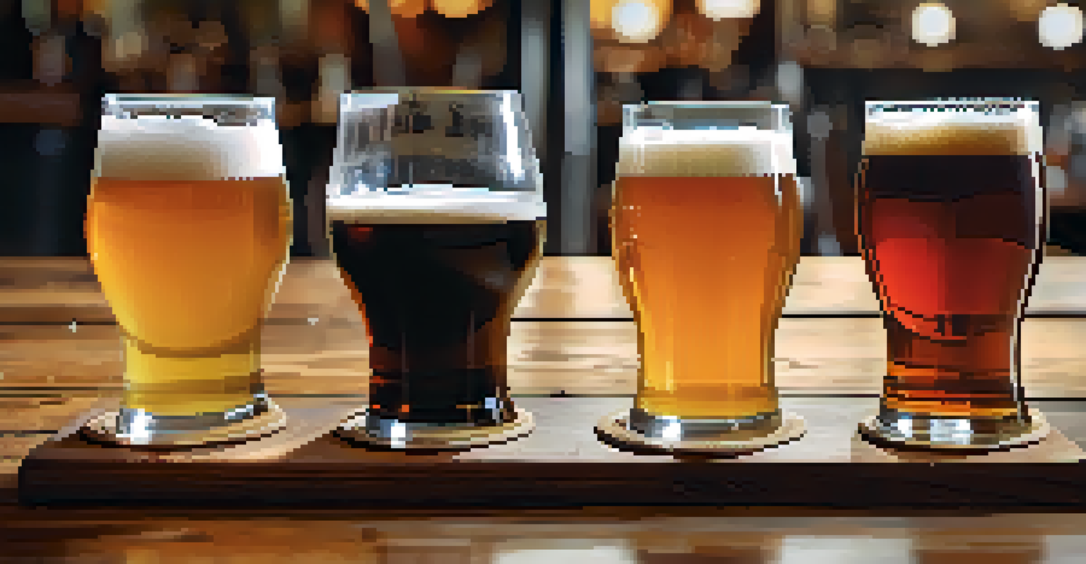 A close-up of a tasting flight of craft beers, showcasing various styles in clear glasses on a rustic wooden table.