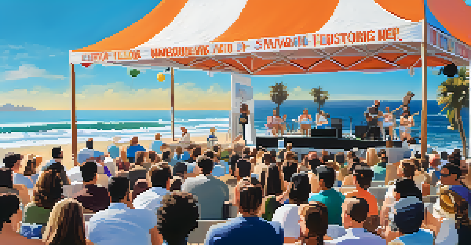 An outdoor podcasting event in Santa Monica with a live audience listening to a recording, featuring vibrant banners and ocean waves in the background.