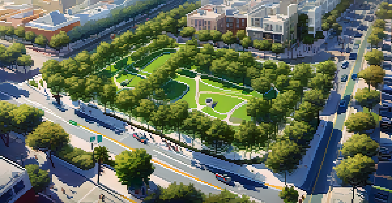 Aerial view of interconnected bike paths in Santa Monica, with cyclists commuting, green spaces, and blue skies.