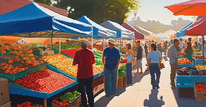 A lively farmers market in Santa Monica with colorful stalls filled with fresh fruits and vegetables, vendors and customers interacting under warm sunlight.