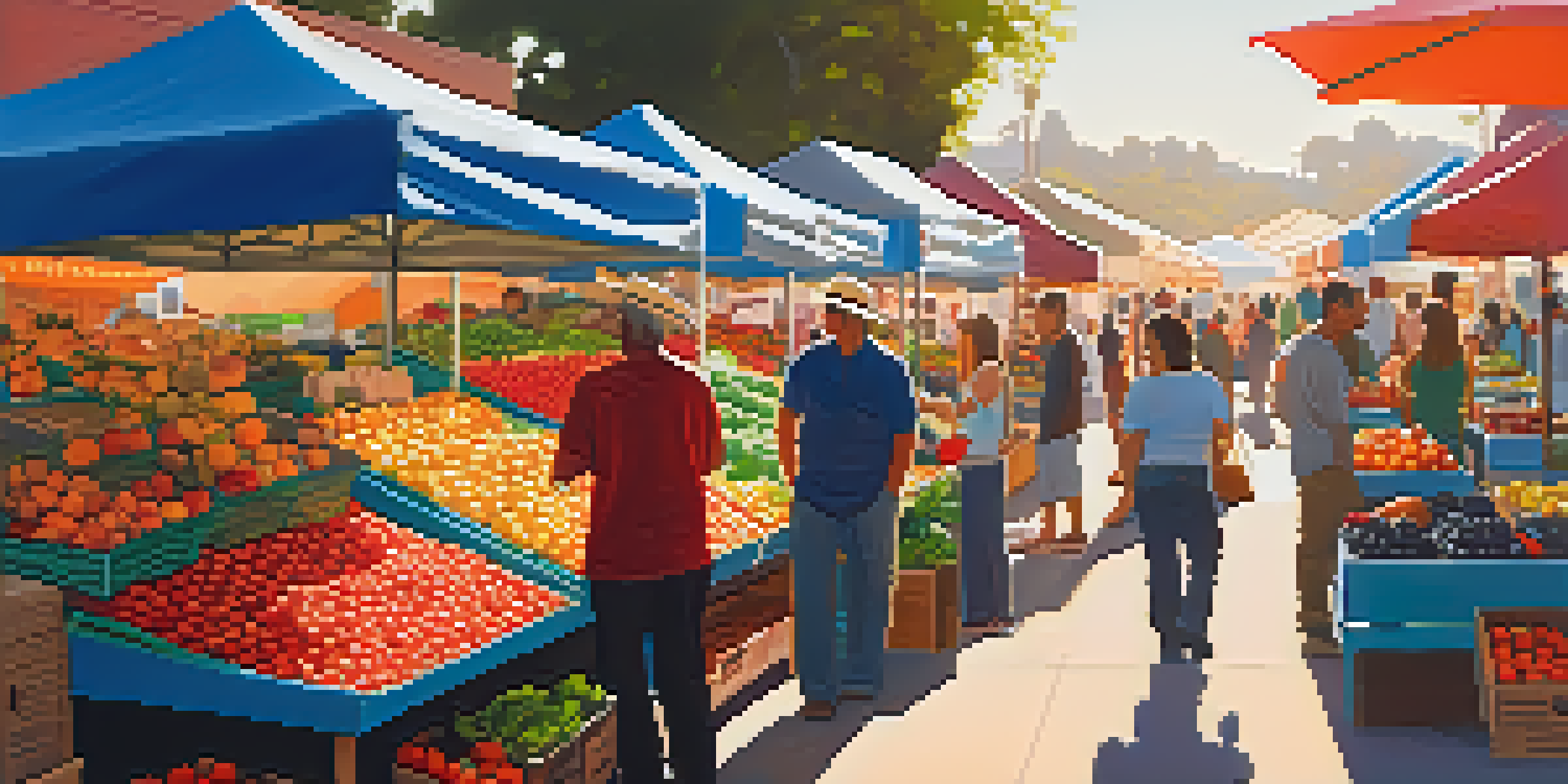 A lively farmers market in Santa Monica with colorful stalls filled with fresh fruits and vegetables, vendors and customers interacting under warm sunlight.