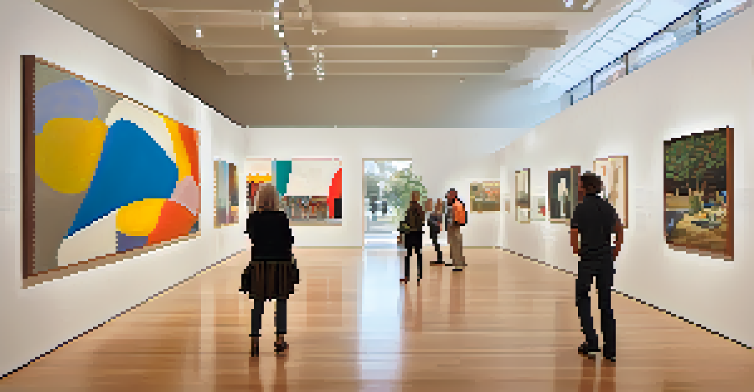 An indoor view of the Santa Monica Museum of Art with contemporary artworks on display and visitors interacting with the exhibition.