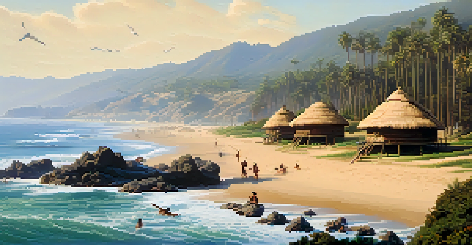 A historical depiction of a Tongva village by the Santa Monica coastline, featuring traditional huts and people engaging in fishing and gathering.