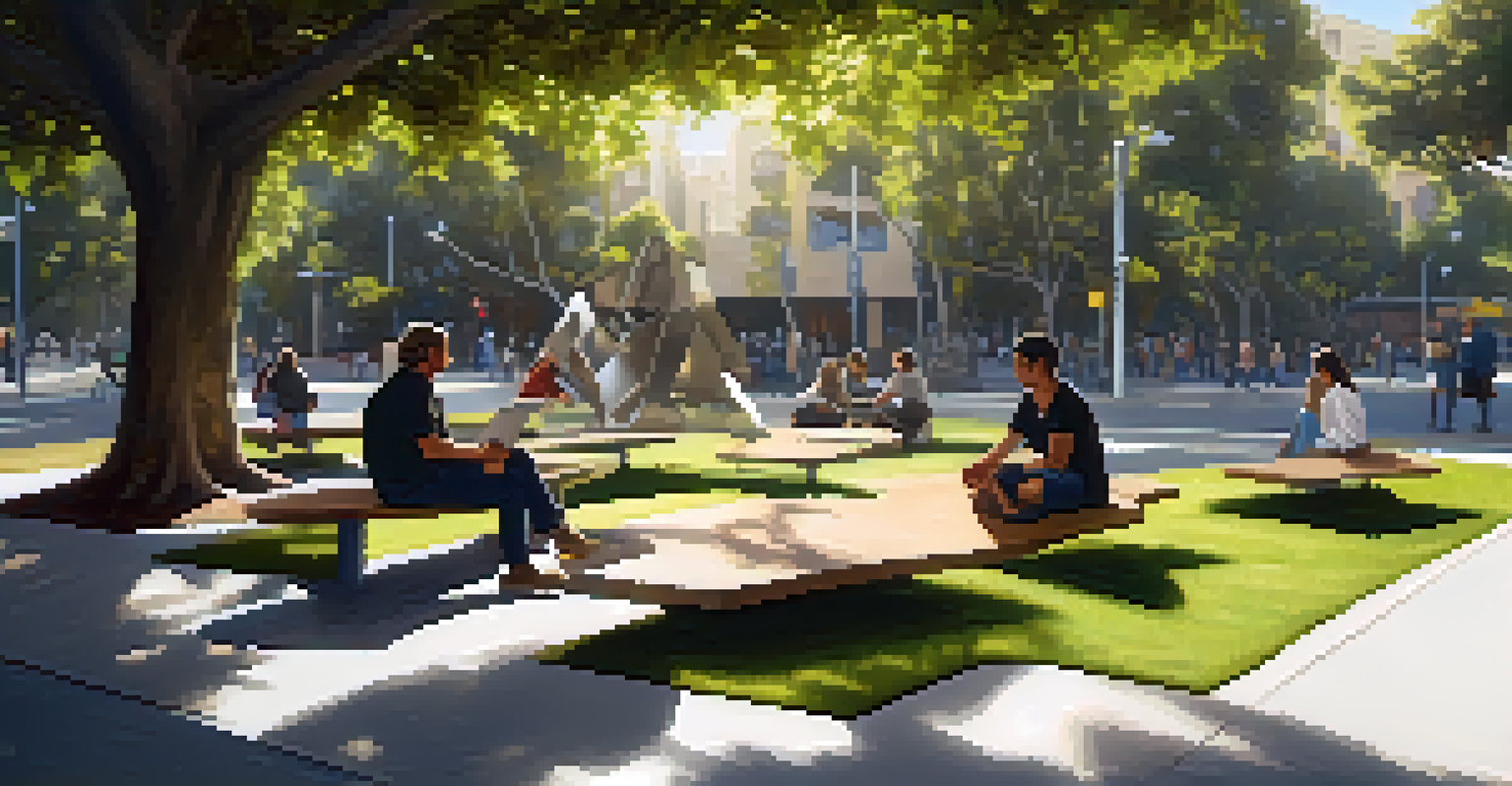 An interactive public art sculpture in a lush green area of Santa Monica, with people engaging nearby in a tranquil setting.