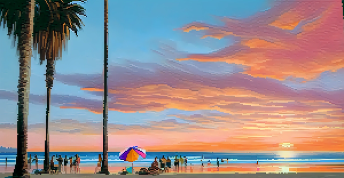 A beautiful sunset over Santa Monica beach with palm trees and beachgoers enjoying the scenery.