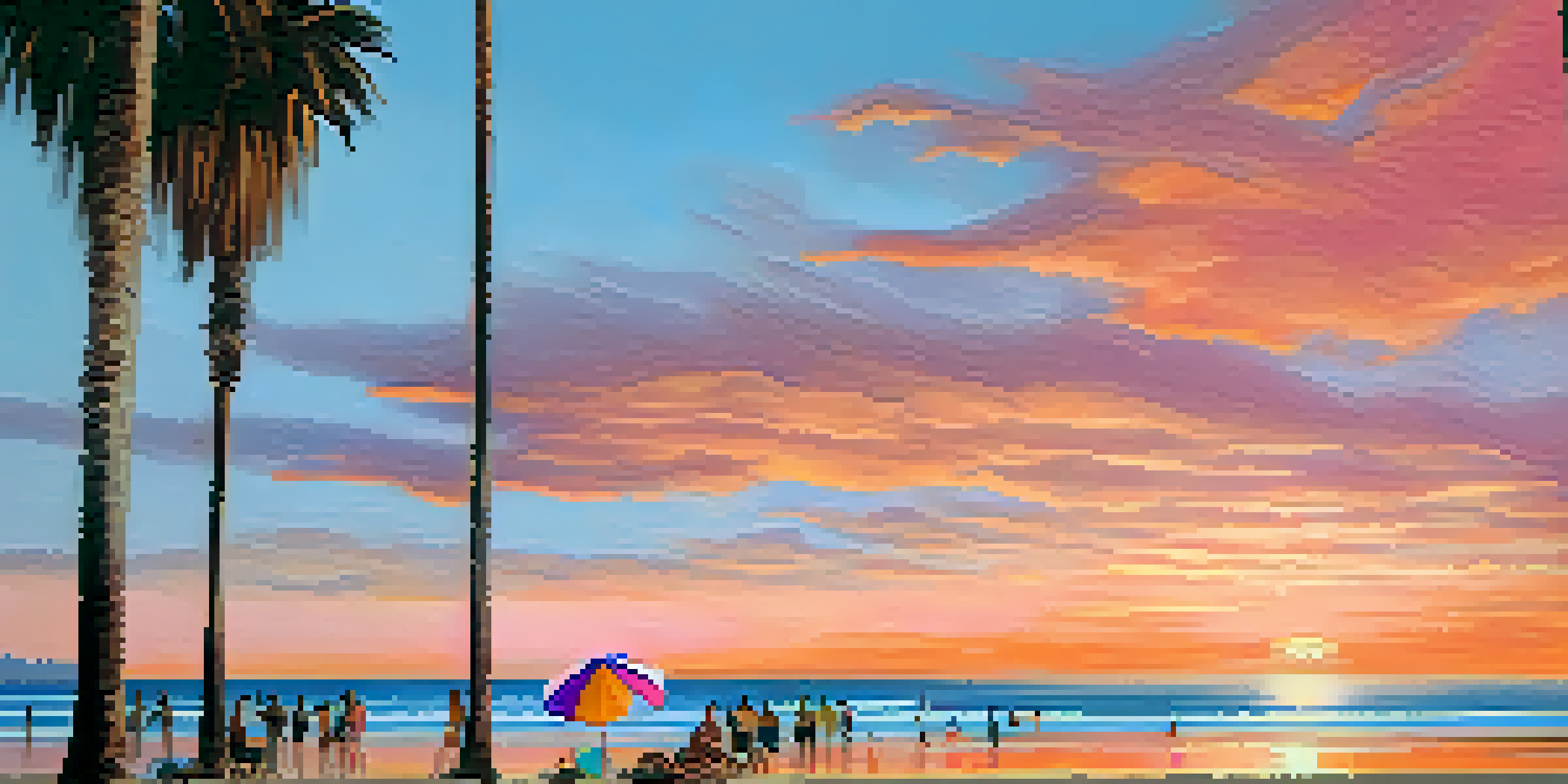 A beautiful sunset over Santa Monica beach with palm trees and beachgoers enjoying the scenery.