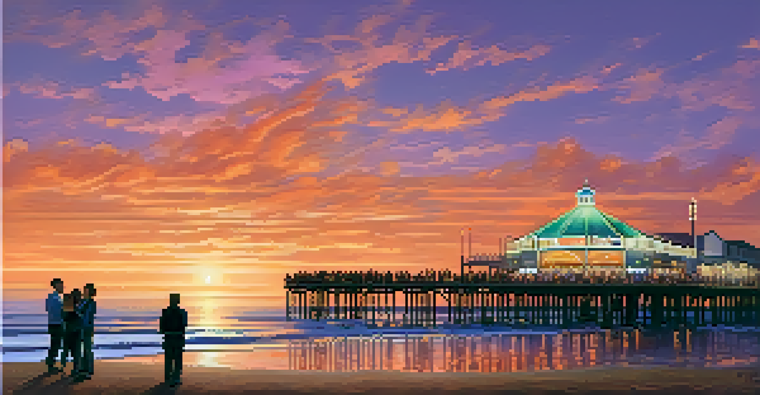 The Santa Monica Pier at sunset with musicians performing, sky filled with orange and purple hues, and people enjoying the scene.