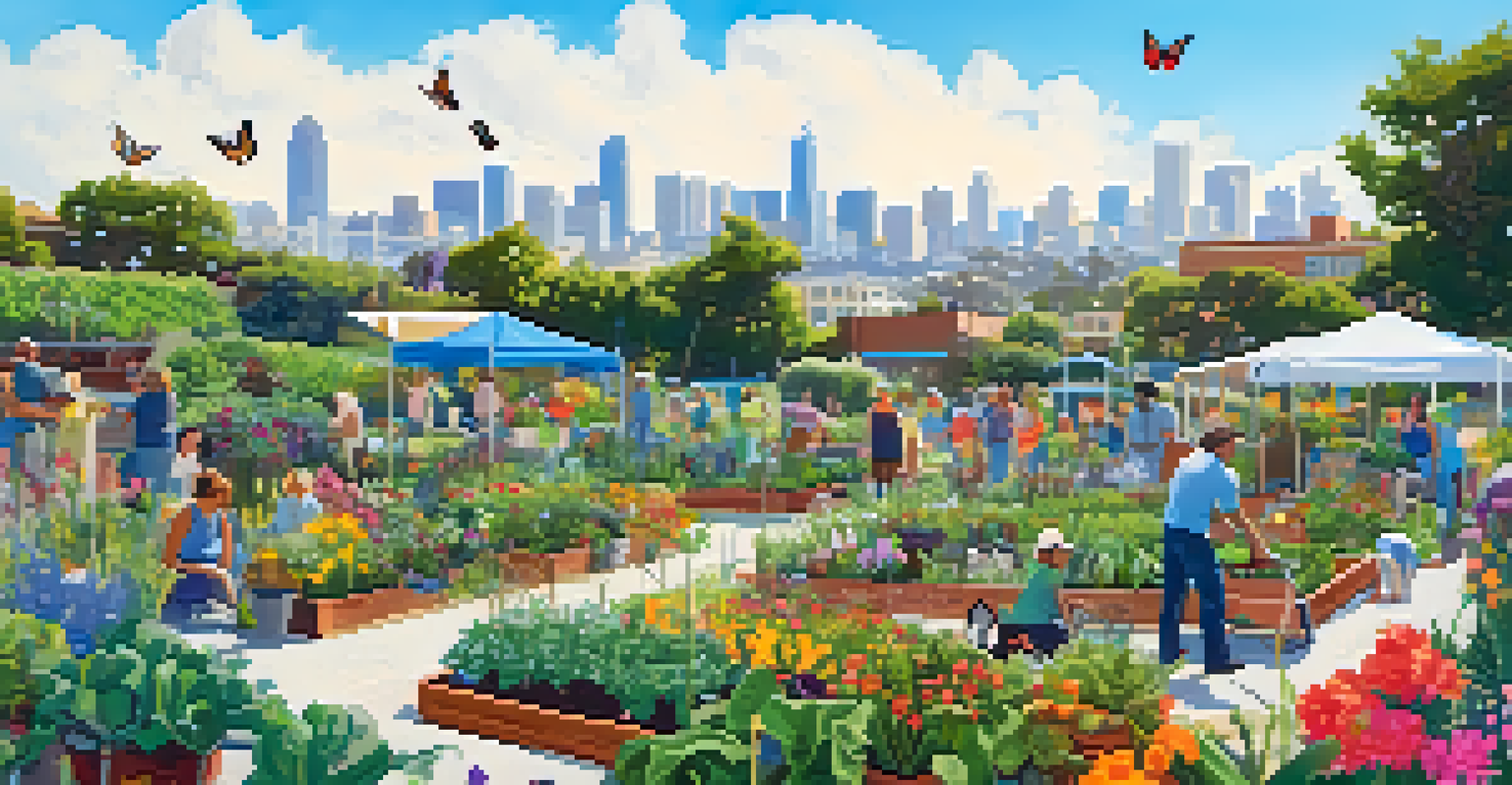 A colorful community garden in Santa Monica with residents engaged in sustainable gardening activities.