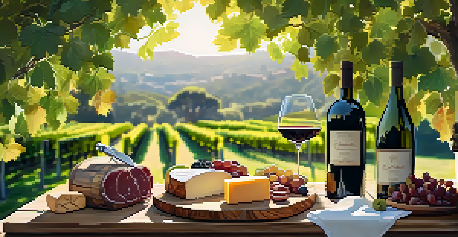 An outdoor wine tasting setup at a Santa Monica winery, featuring a rustic table with wine glasses and a charcuterie board, surrounded by lush vines.