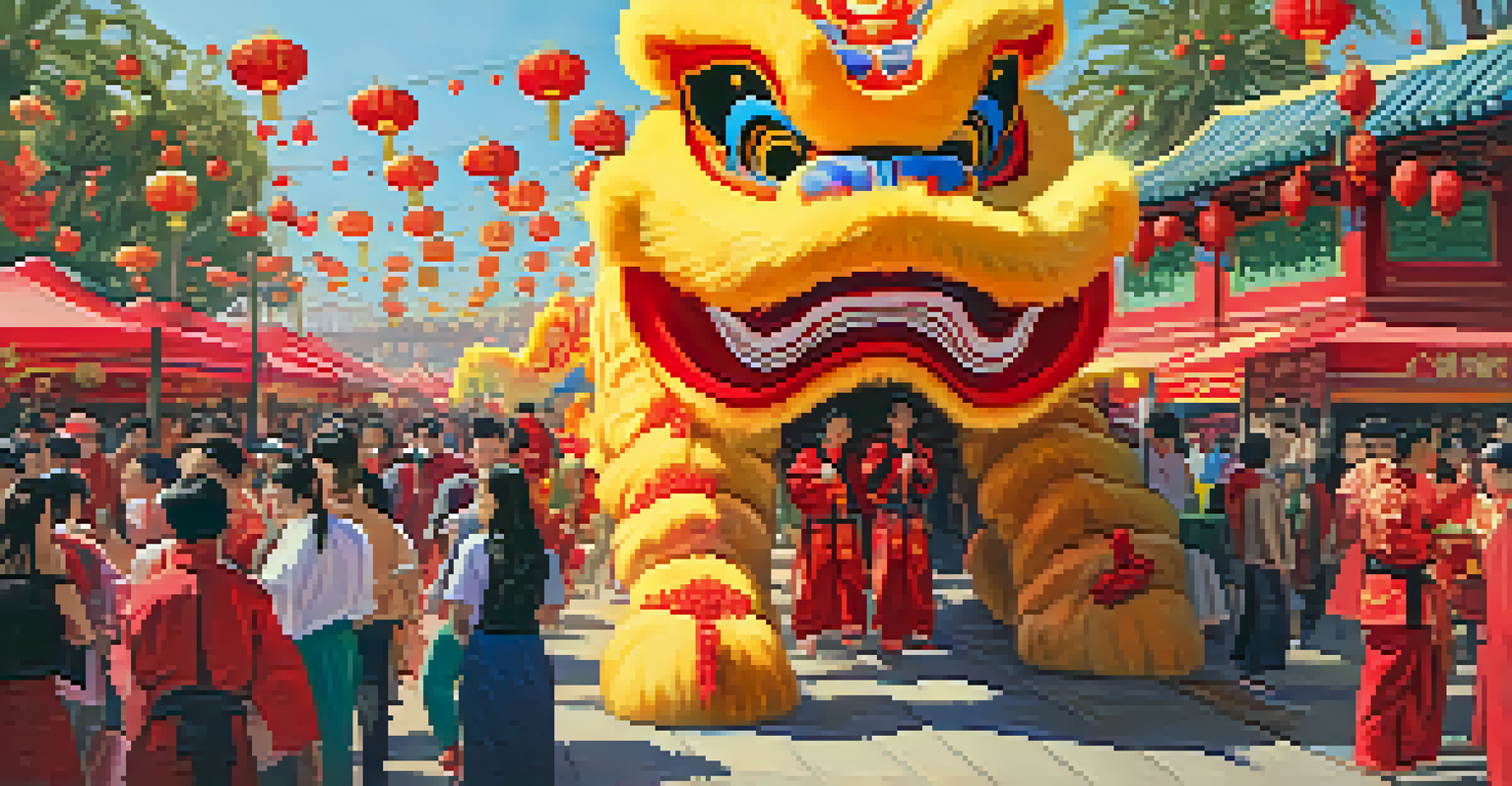 A vibrant Lunar New Year Festival in Santa Monica with lion dancers and food booths offering Asian delicacies, filled with festive decorations and people celebrating.