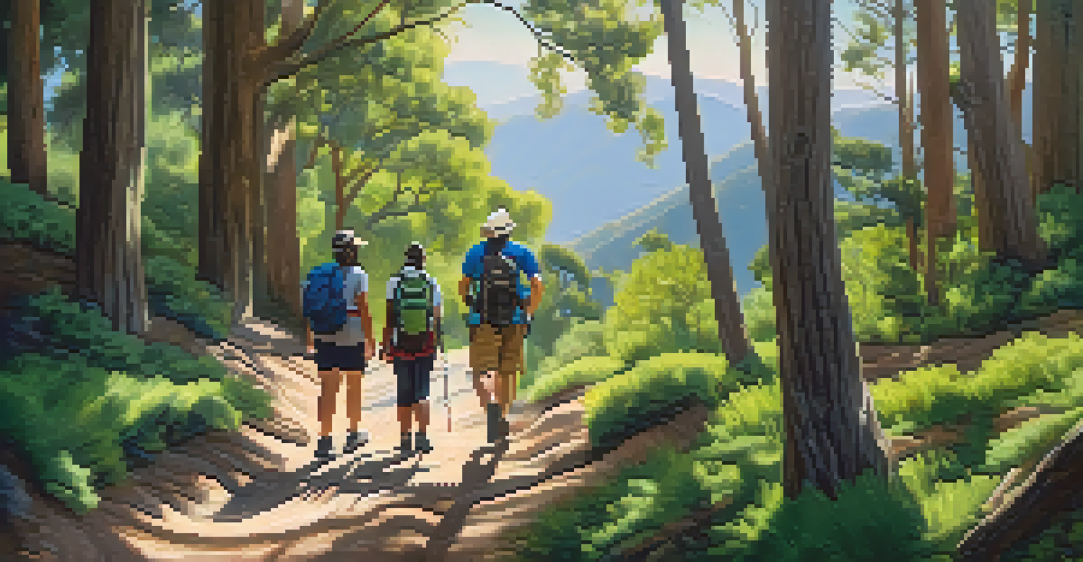 A diverse group of hikers on a Santa Monica trail, smiling and enjoying nature, with sunlight filtering through the trees.
