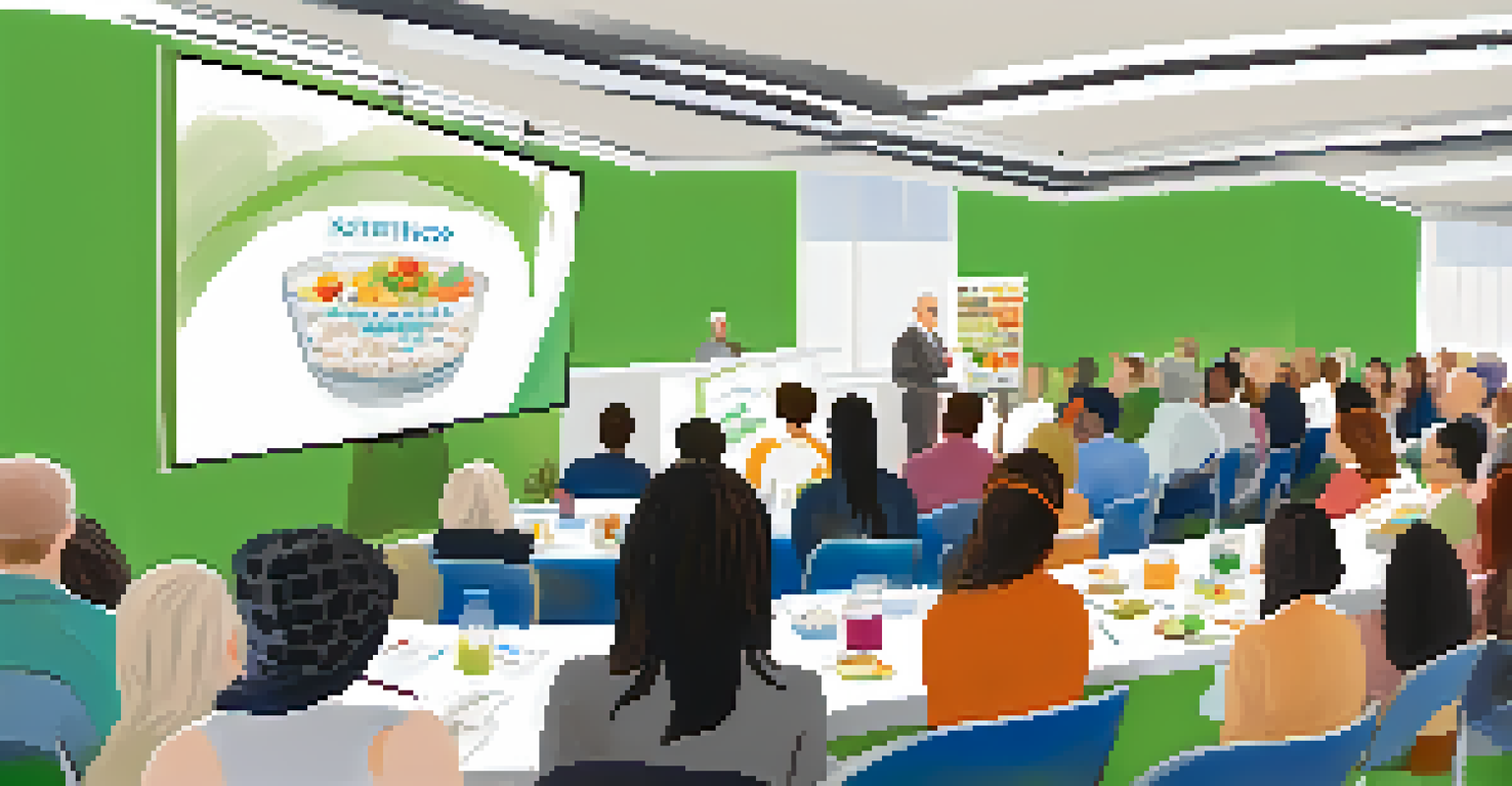 A nutritionist leading a workshop with attendees engaged in learning about healthy eating, surrounded by food displays.