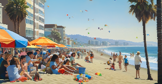 A lively beach scene in Santa Monica with diverse families playing in the sand and colorful umbrellas, under a bright sunny sky.