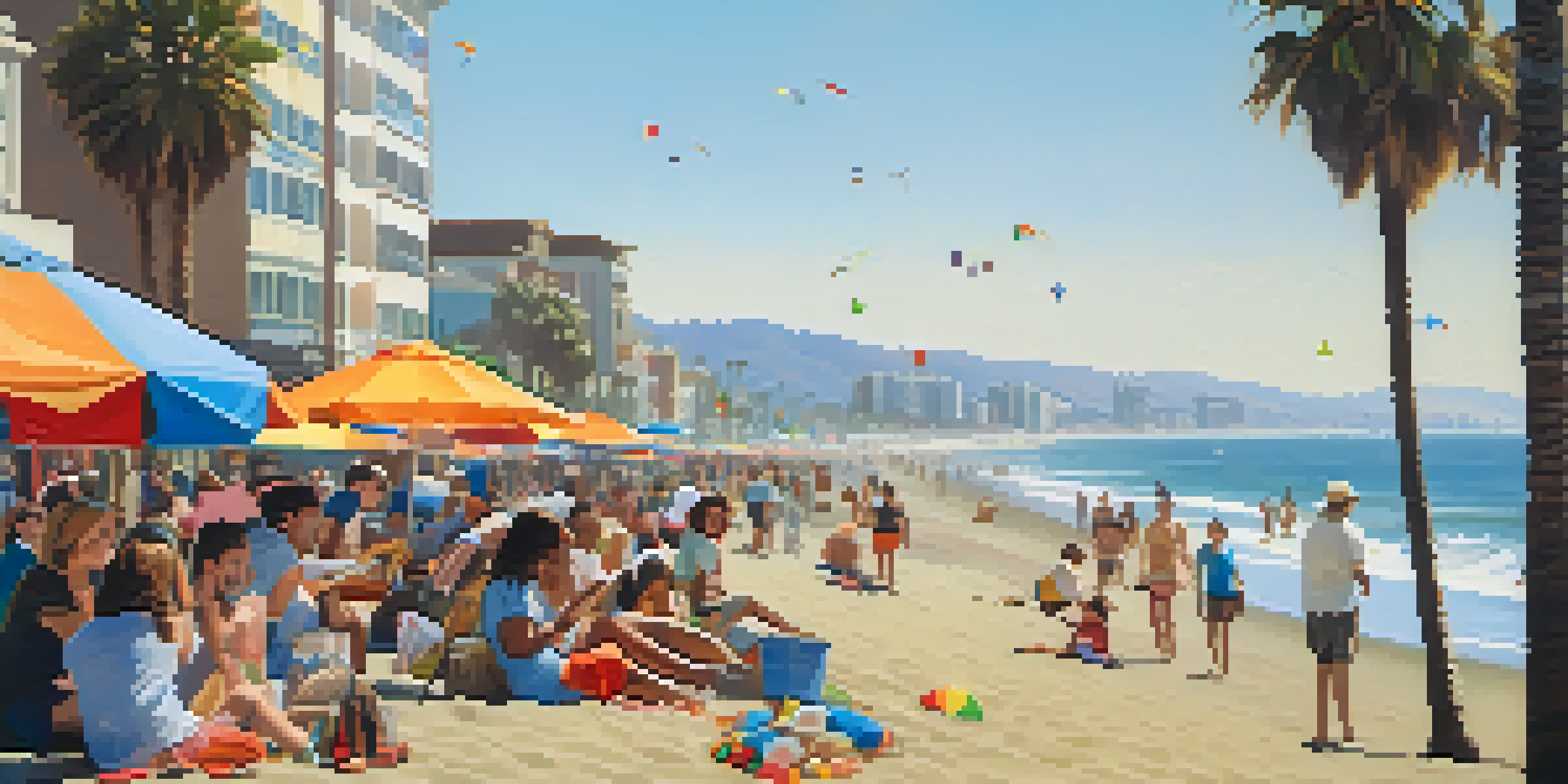 A lively beach scene in Santa Monica with diverse families playing in the sand and colorful umbrellas, under a bright sunny sky.