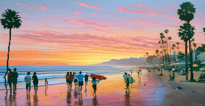 A sunset view of Santa Monica beach with people enjoying the scene and surfers in the background.