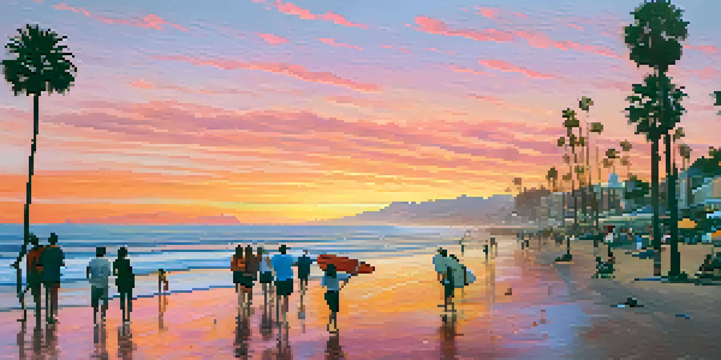 A sunset view of Santa Monica beach with people enjoying the scene and surfers in the background.
