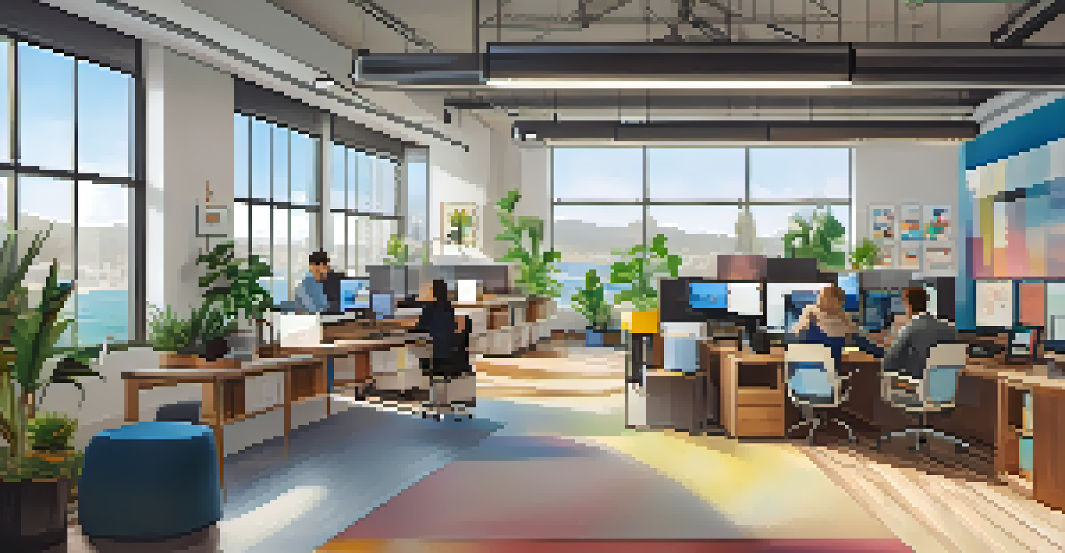 An inviting startup office interior in Santa Monica with professionals collaborating, colorful decor, and natural light.