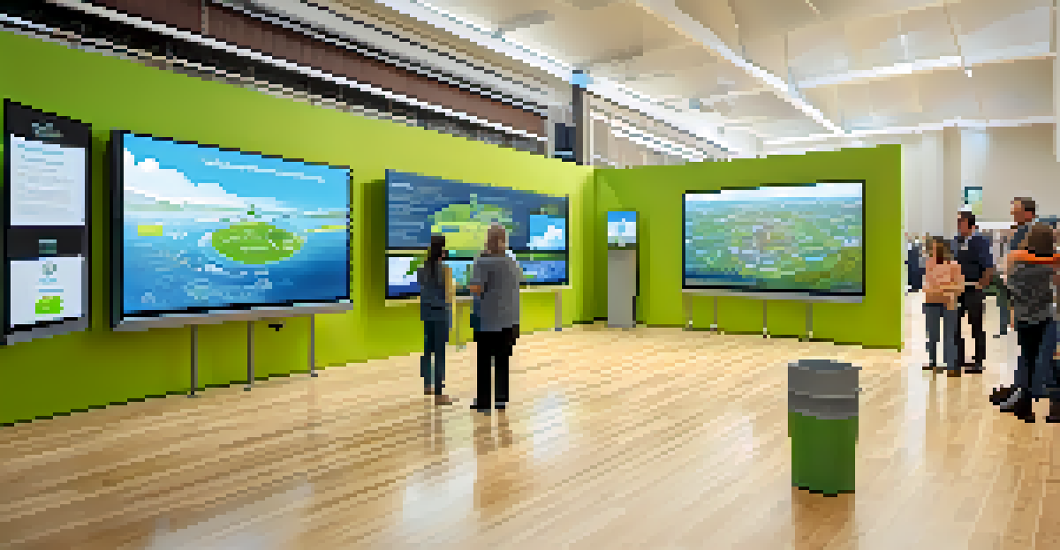 Residents engaging with digital screens and mobile devices at a technology-driven community event focused on sustainability in a bright and modern local hall.