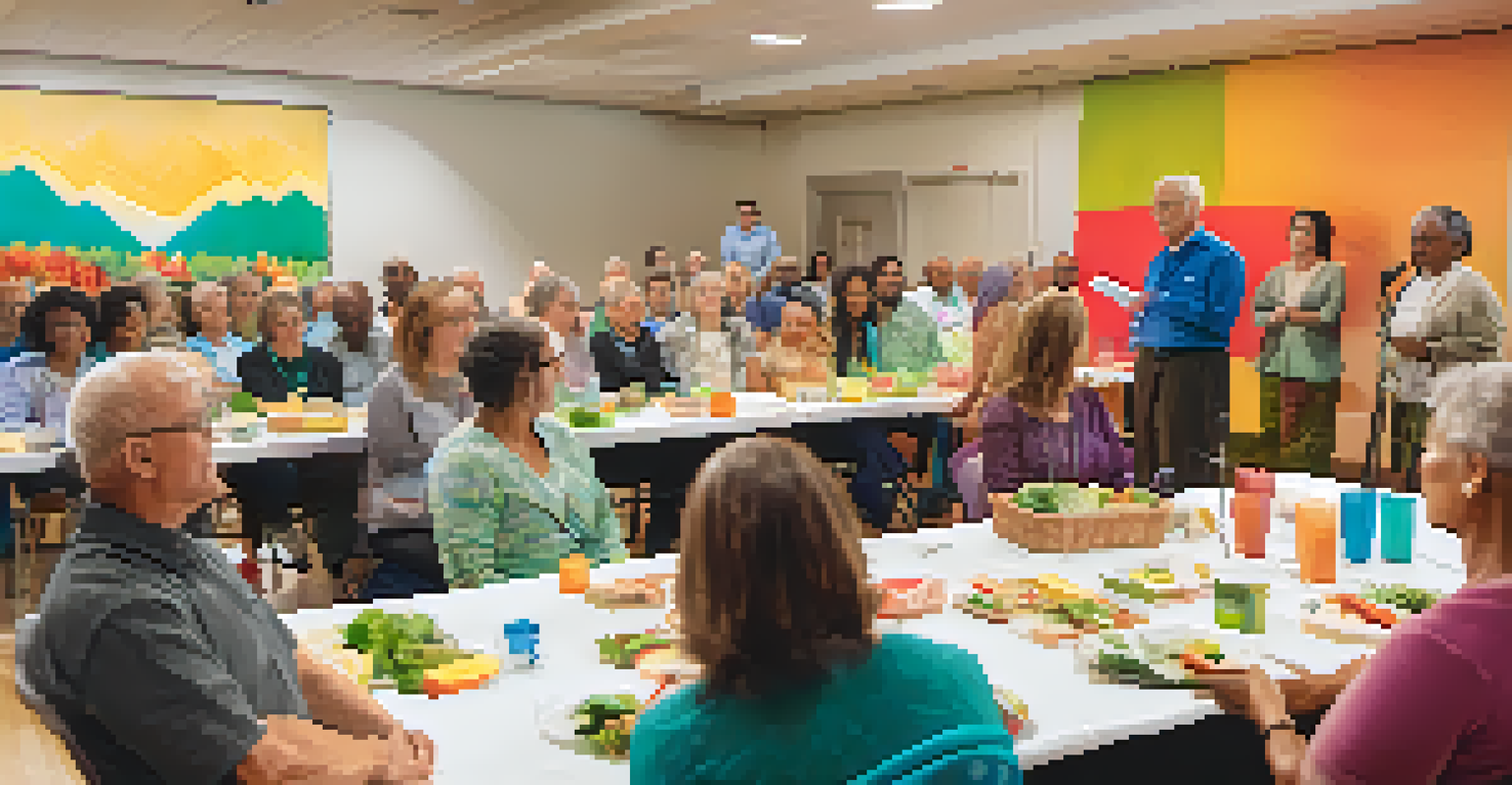 A nutrition and wellness workshop in a community center in Santa Monica, with residents engaging with a speaker and colorful food samples on display.