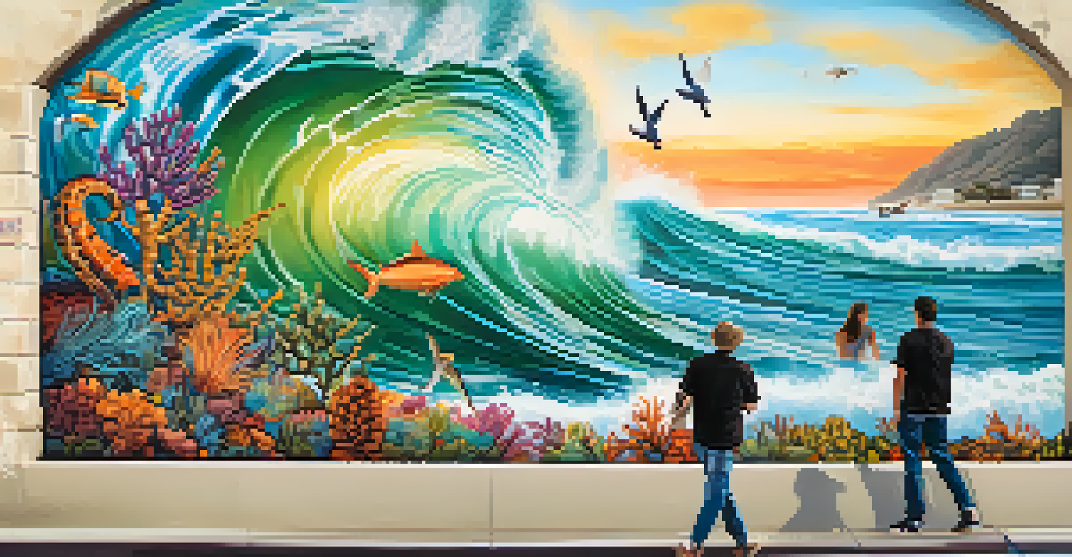 A colorful mural in Santa Monica showcasing ocean waves and wildlife, attracting the attention of people passing by.