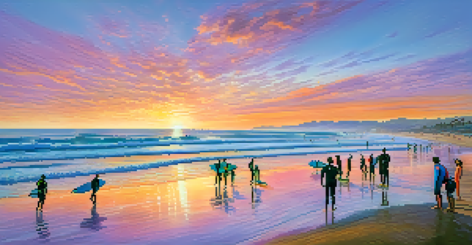 A sunset beach scene in Santa Monica with surfers riding colorful waves and beachgoers relaxing on the sand.