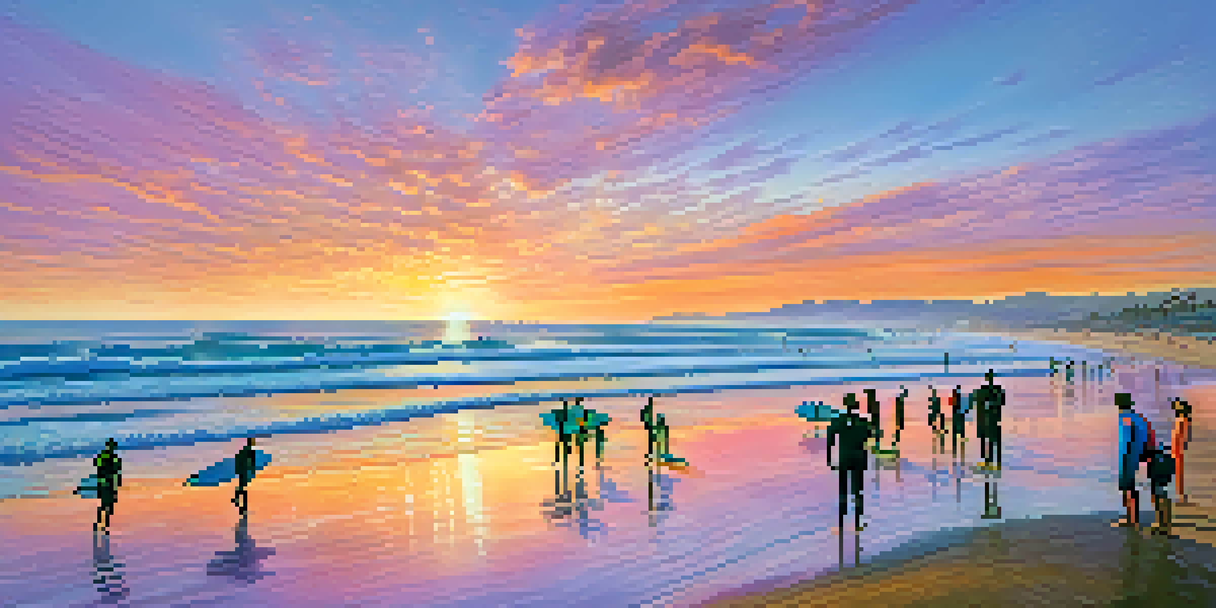 A sunset beach scene in Santa Monica with surfers riding colorful waves and beachgoers relaxing on the sand.