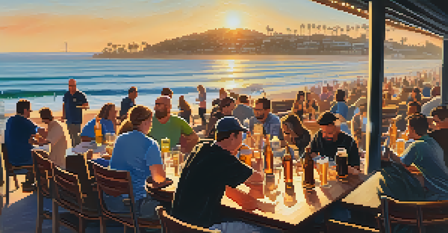 A scenic Santa Monica Brew Works event with craft beer and food pairings, attendees enjoying the coastal views at sunset.