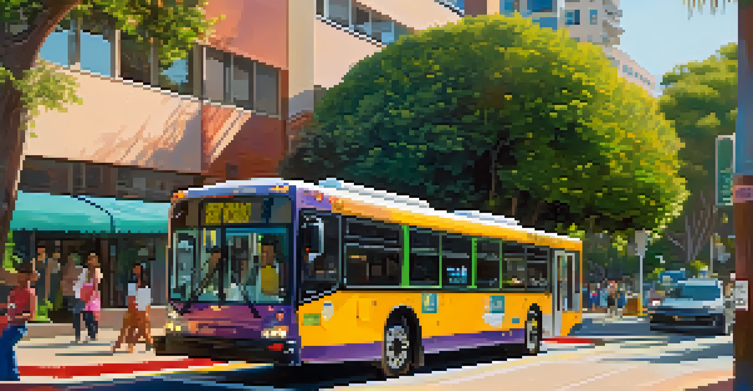 A colorful public transit bus at a bus stop surrounded by greenery and urban art in Santa Monica.