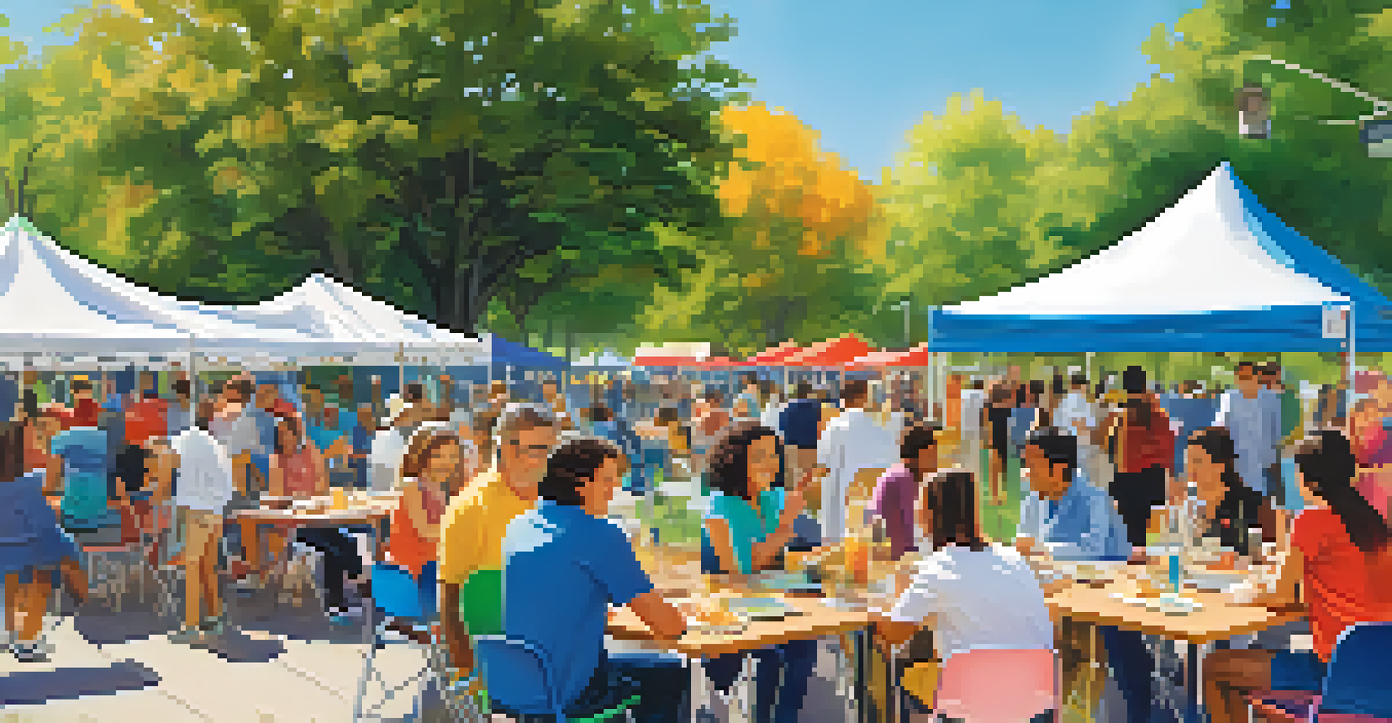 A lively outdoor community event with adults networking and learning about educational programs.