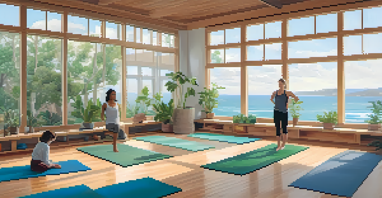 An indoor yoga studio with ocean views and natural light, featuring a diverse group of students practicing meditation.
