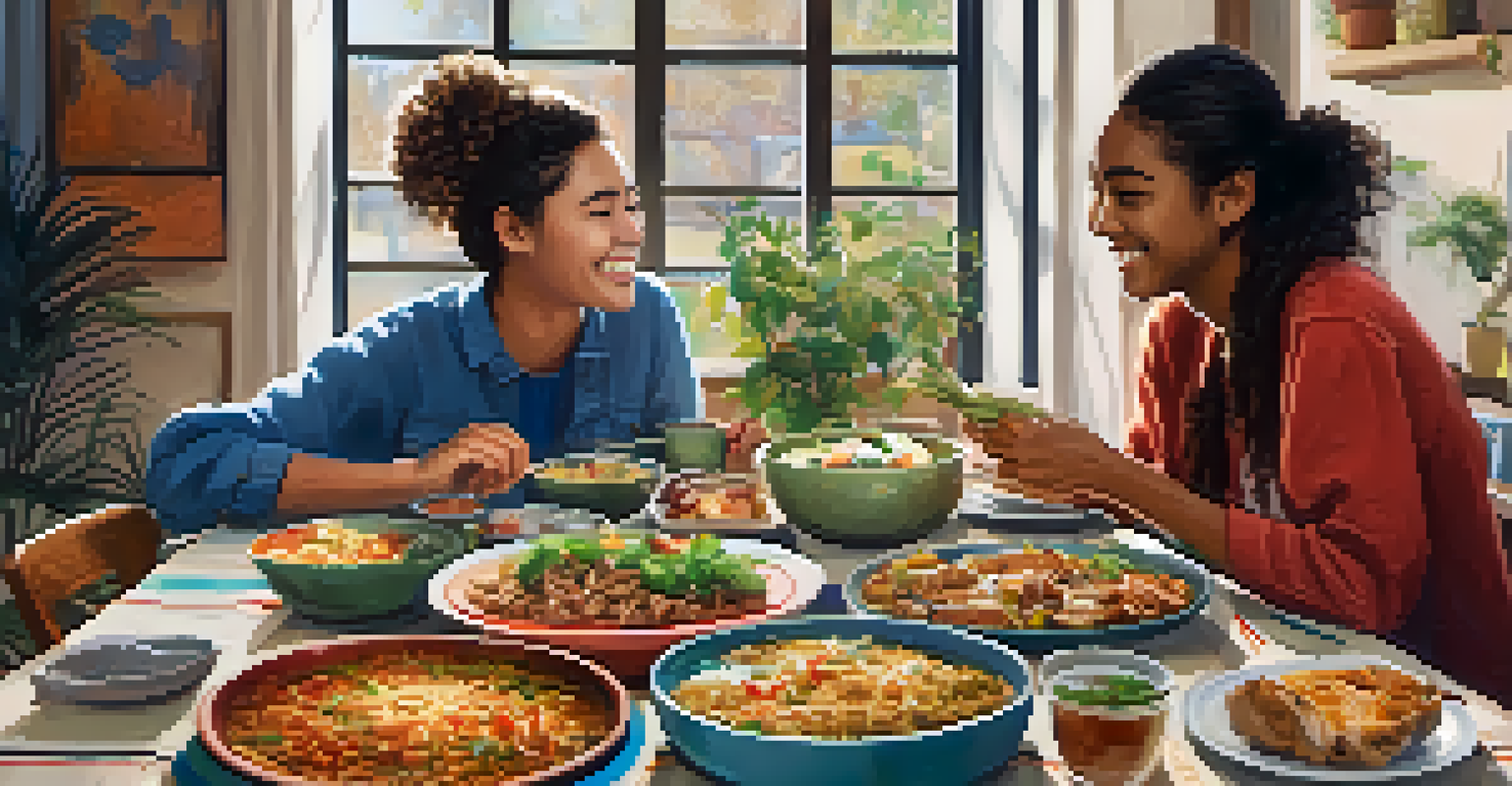 Two students enjoying a meal together during an international potluck, with a table filled with diverse dishes from different cultures.