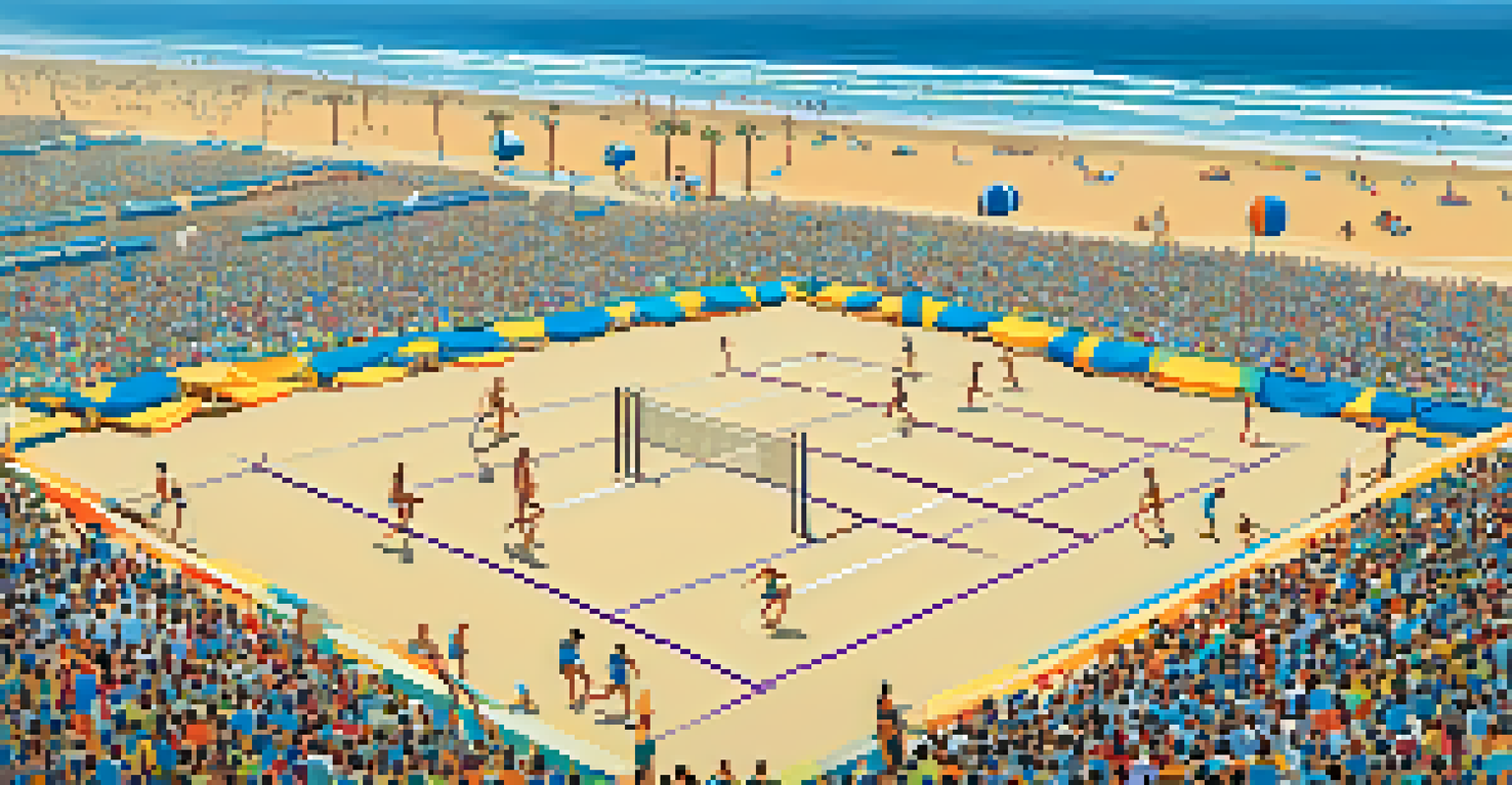 An aerial view of Santa Monica Beach, showcasing beach volleyball courts and the iconic pier in the background.