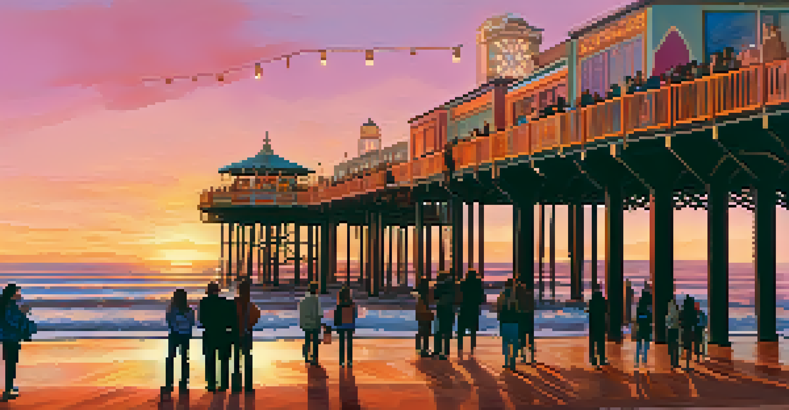 The Santa Monica Pier Art Walk at sunset with artists displaying their works and visitors enjoying the vibrant atmosphere.