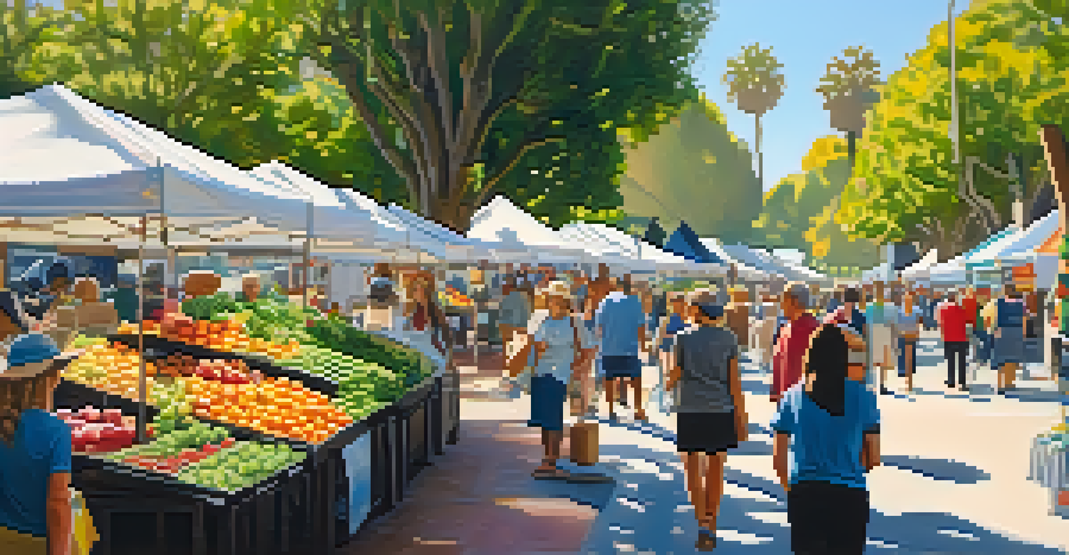 A busy farmers' market with colorful stalls filled with fresh produce and diverse shoppers engaging with vendors.