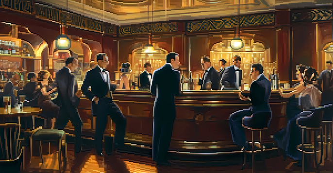 A vibrant 1920s speakeasy scene with elegantly dressed patrons enjoying jazz music and dancing in a dimly lit bar.