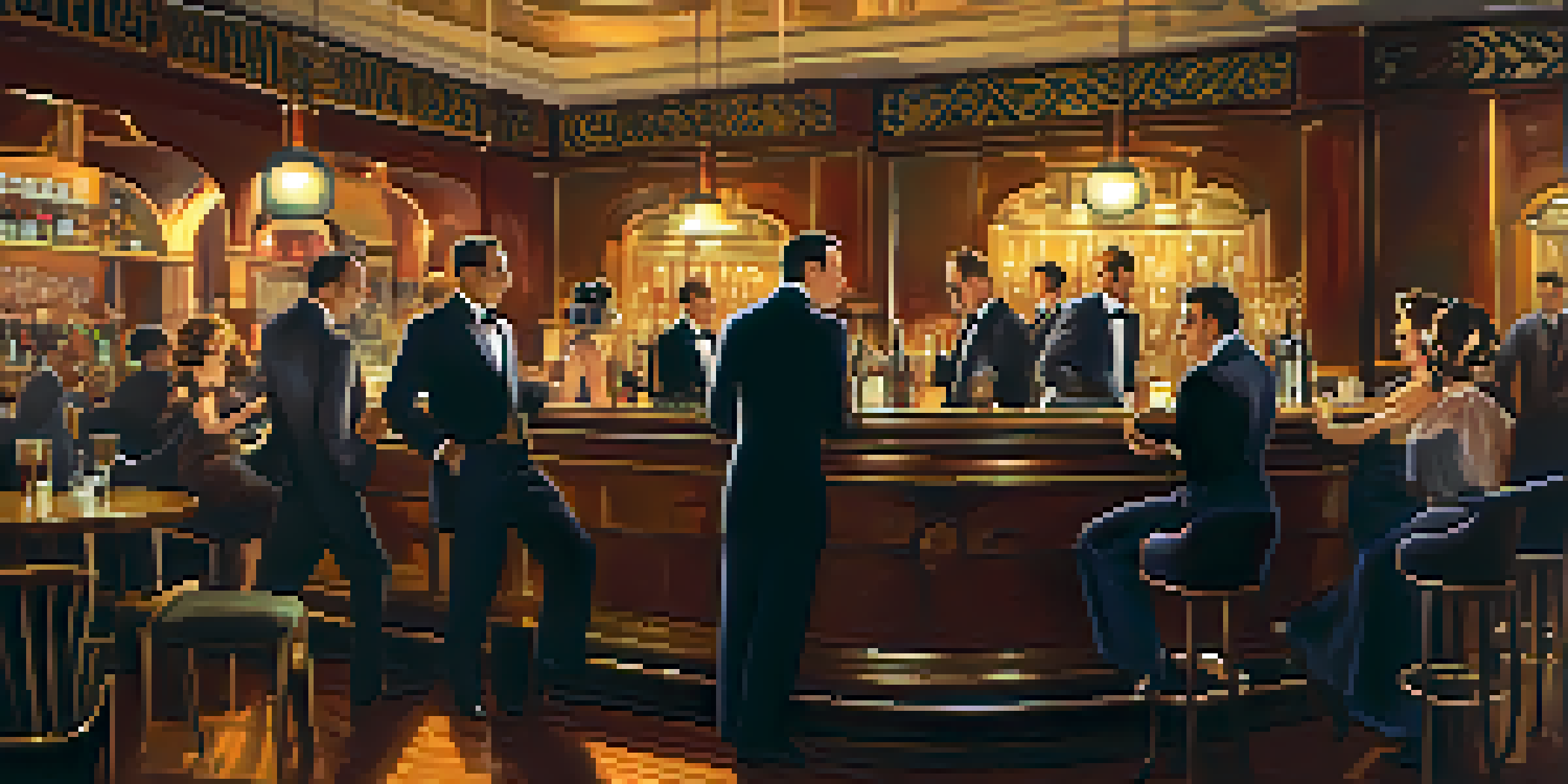 A vibrant 1920s speakeasy scene with elegantly dressed patrons enjoying jazz music and dancing in a dimly lit bar.