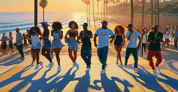 A group of diverse dancers performing hip hop on the Santa Monica beach promenade during sunset, with palm trees and the ocean in the background.