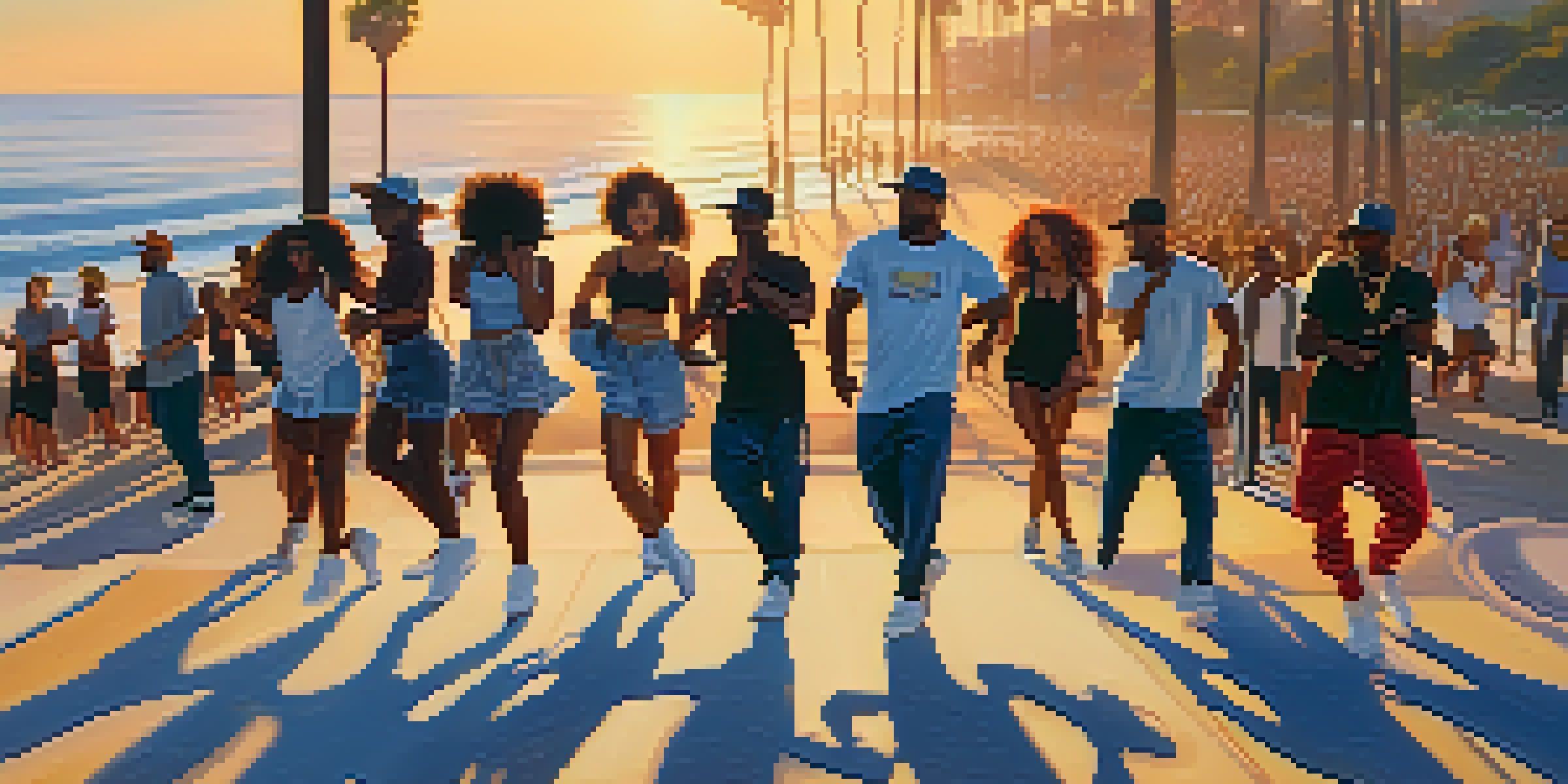 A group of diverse dancers performing hip hop on the Santa Monica beach promenade during sunset, with palm trees and the ocean in the background.