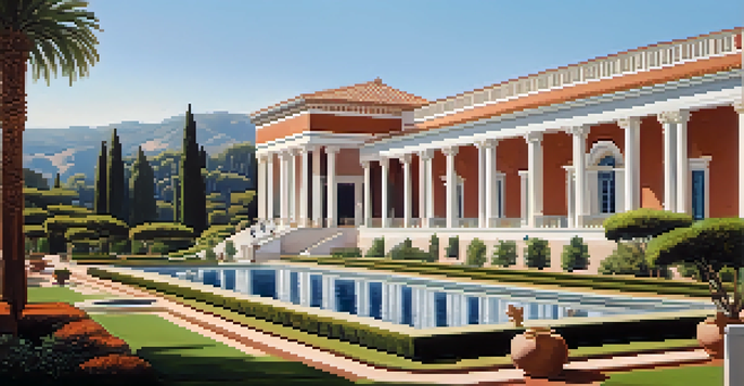A scenic view of The Getty Villa with Roman architecture, gardens, and fountains under a sunny sky.