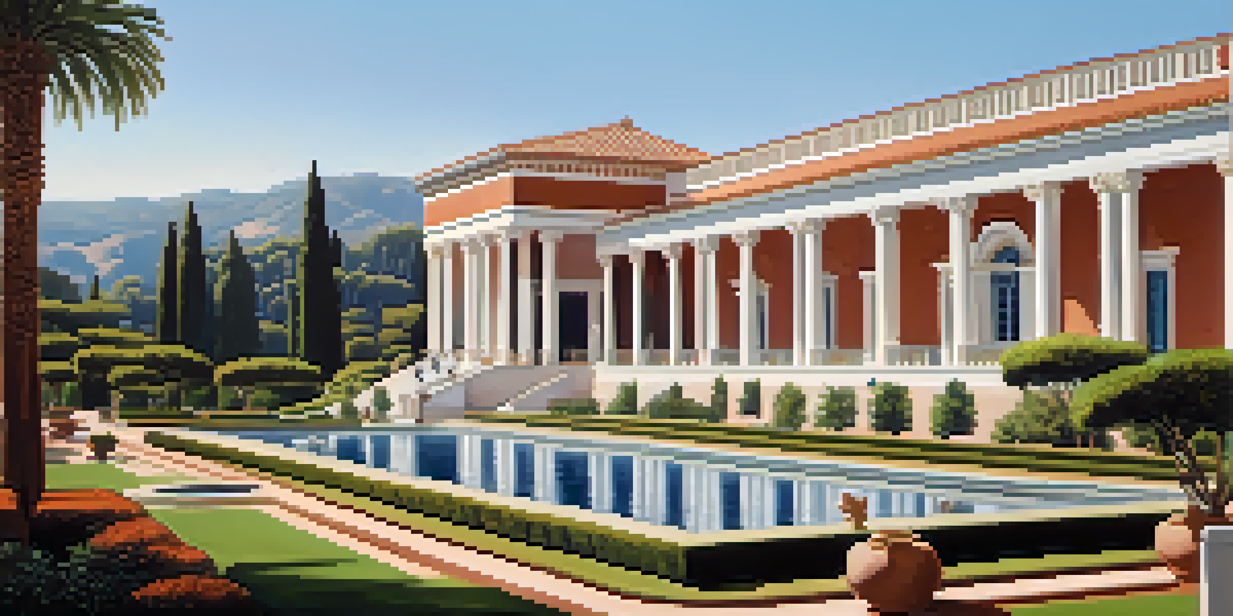 A scenic view of The Getty Villa with Roman architecture, gardens, and fountains under a sunny sky.