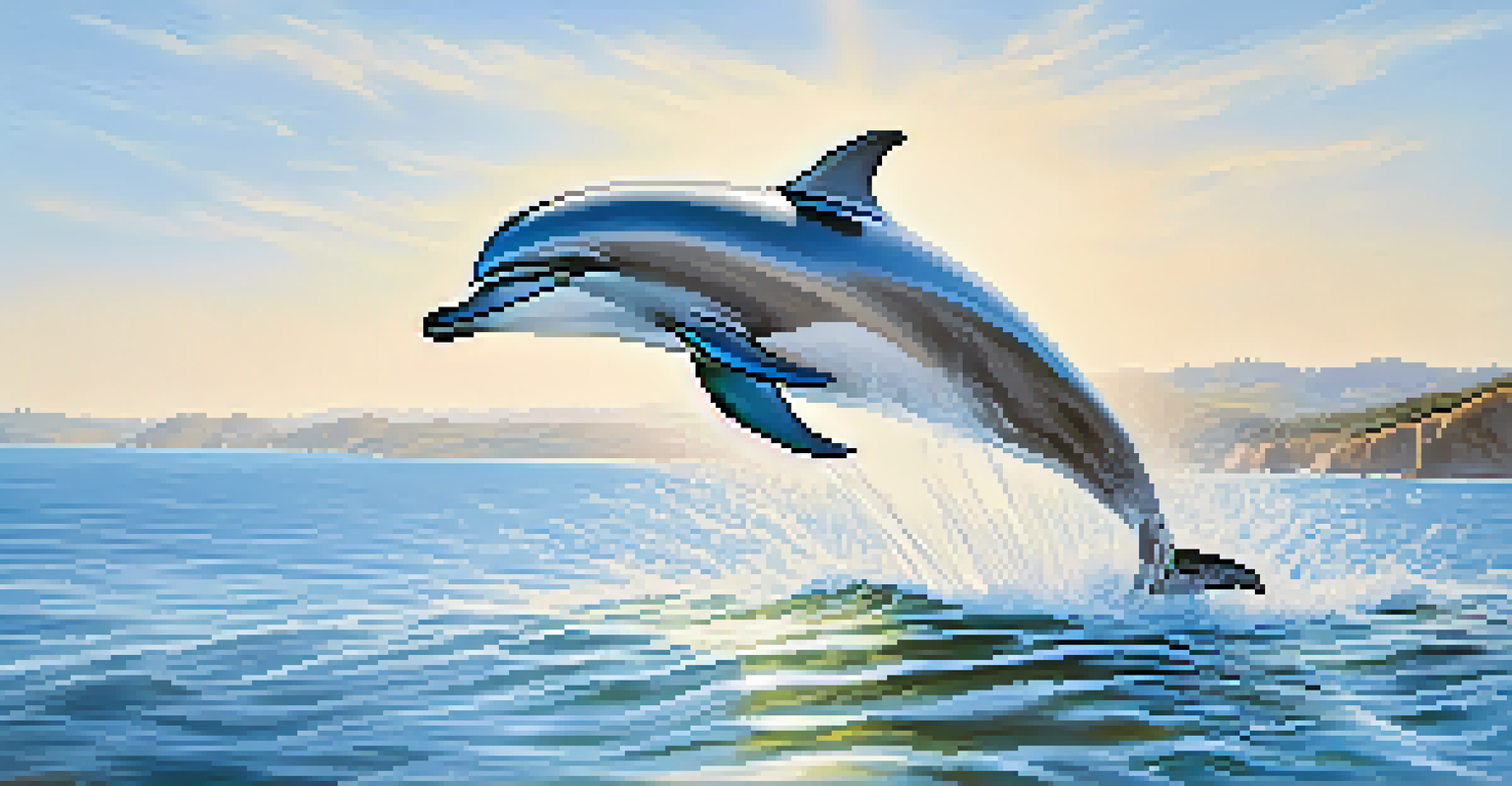 A playful dolphin leaping out of the ocean near Santa Monica's Coastal Walk under a clear blue sky.