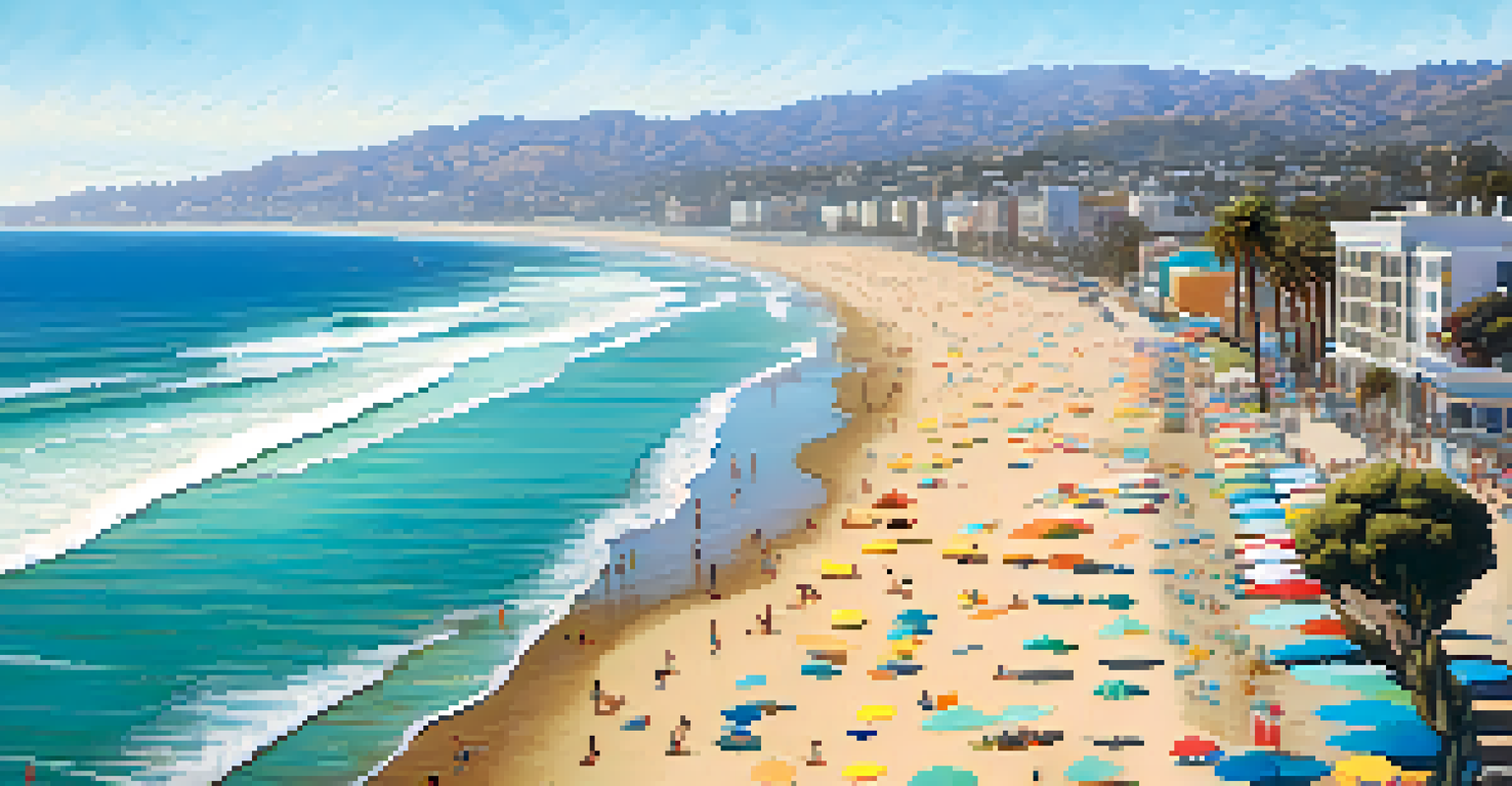 Aerial view of Santa Monica coastline showing contrasting sandy and eroded areas with beachgoers.