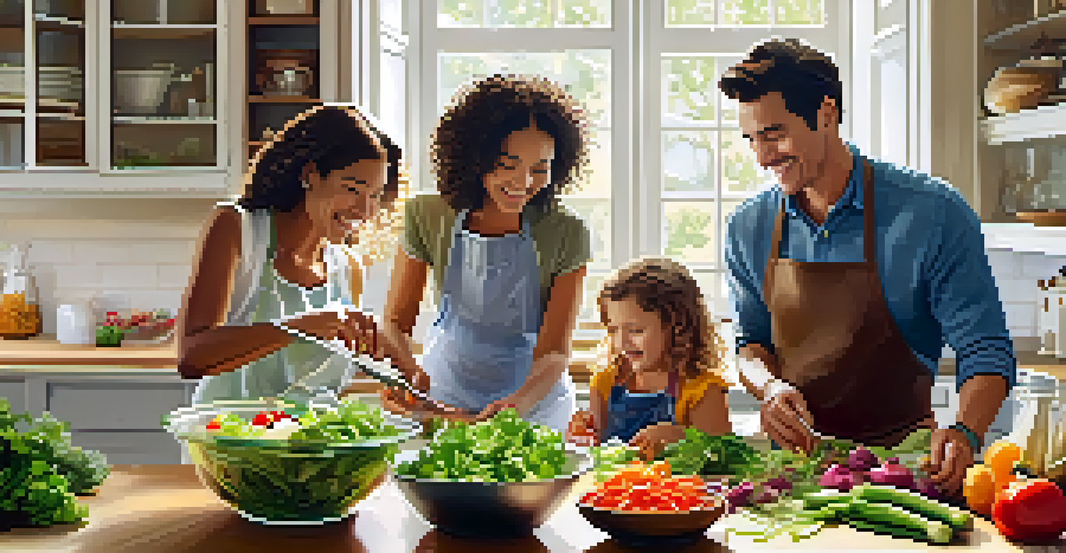 A joyful family cooking a healthy meal together in a sunny kitchen, surrounded by fresh vegetables and family memories.