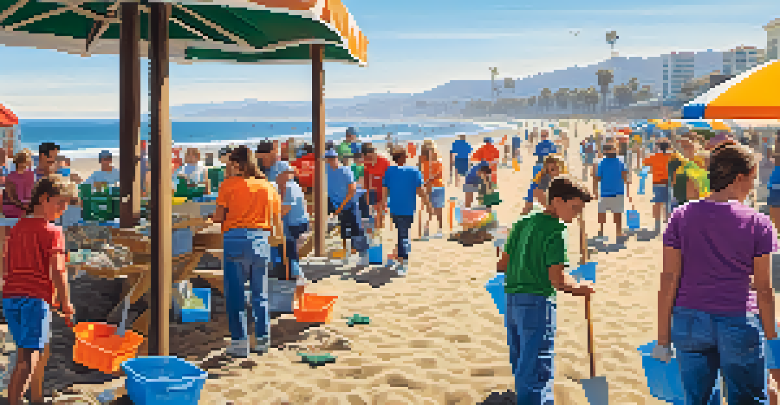 Volunteers participating in a clean-up event at Santa Monica beach, with the pier in the background and clear skies above.
