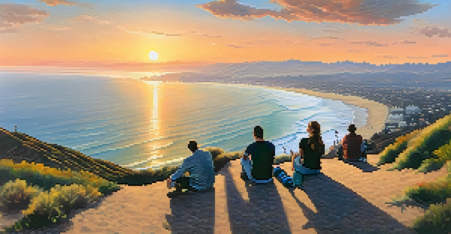 Panoramic view from Parker Mesa Overlook showcasing the Santa Monica coastline at sunset with hikers in the foreground.